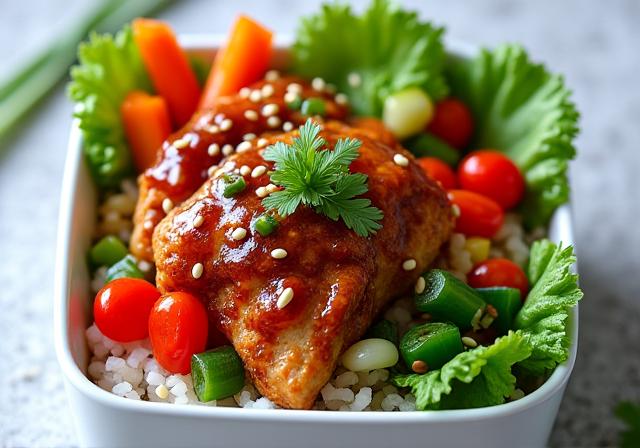 野菜と鶏肉の黒酢あんかけが入ったヘルシーな弁当 (A healthy bento with black vinegar stir-fry of vegetables and chicken)